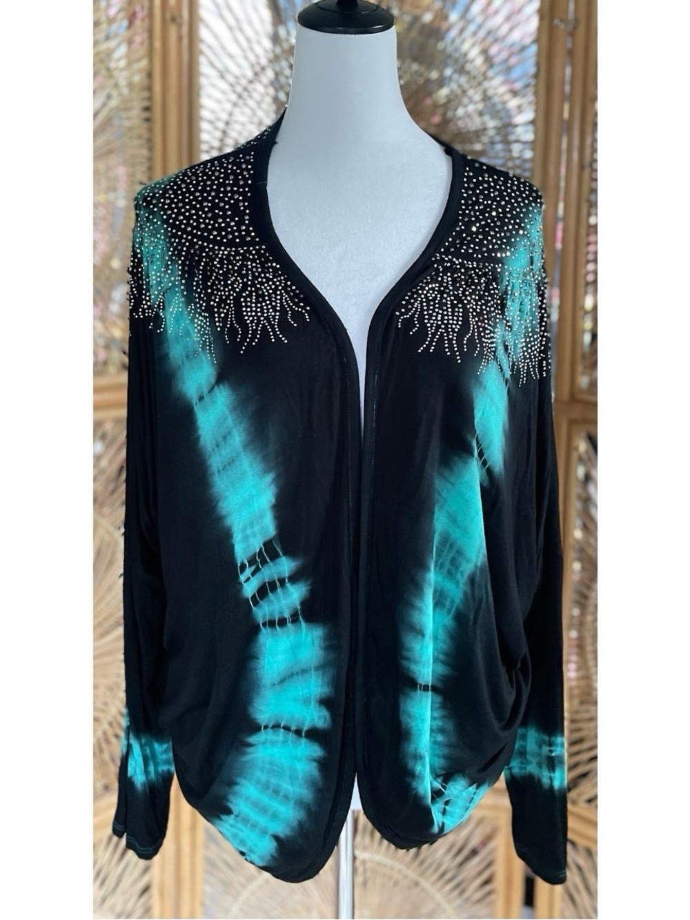 Vocal USA Black and Teal Tie-Dye Open Front Cardigan with Rhinestone Gem Y2K XL